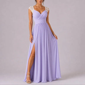 Women's Lace Cap-Sleeve Maxi Wedding Guest Dress | Eva in Lilac