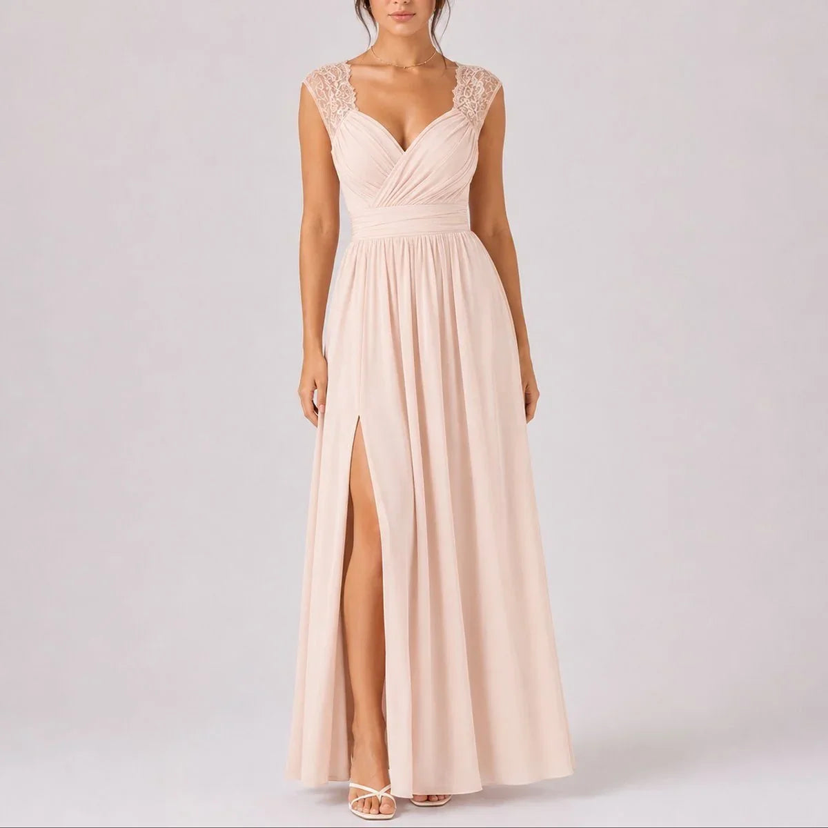 Women's Lace Cap-Sleeve Maxi Wedding Guest Dress | Eva in Beige
