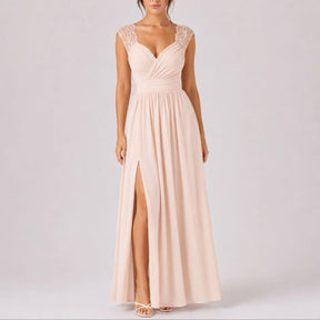 Women's Lace Cap-Sleeve Maxi Wedding Guest Dress | Eva in Beige