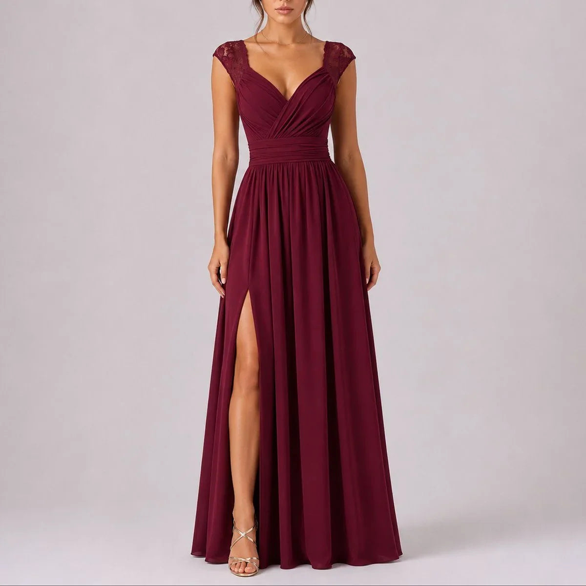 Women's Lace Cap-Sleeve Maxi Wedding Guest Dress | Eva in Burgundy