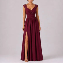 Women's Lace Cap-Sleeve Maxi Wedding Guest Dress | Eva in Burgundy