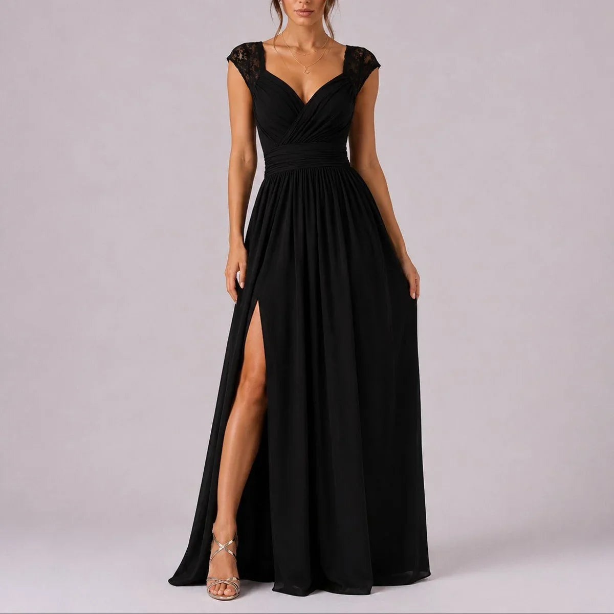 Women's Lace Cap-Sleeve Maxi Wedding Guest Dress | Eva in Black