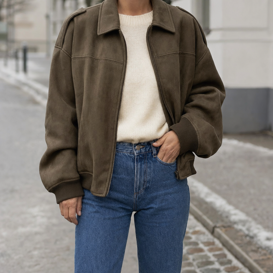 Women's Insulated Faux Suede Bomber Jacket | Fairholme in Khaki - Juana Fashion