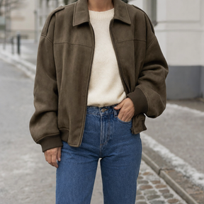 Women's Insulated Faux Suede Bomber Jacket | Fairholme in Khaki - Juana Fashion