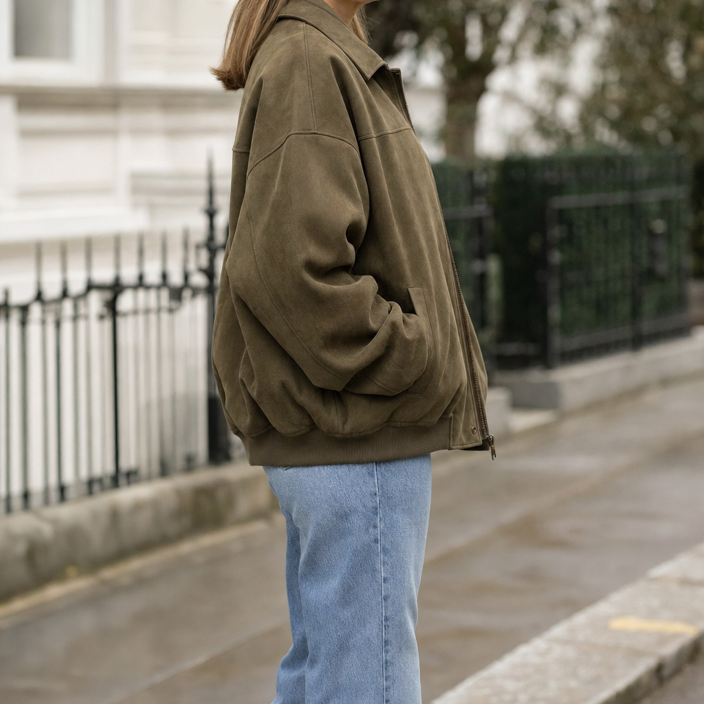 Women's Insulated Faux Suede Bomber Jacket | Fairholme in Khaki - Juana Fashion