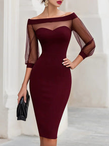 Women's Sweetheart Midi Cocktail Dress, Sheer Sleeves | Fawn in Burgundy