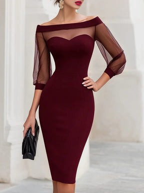 Women's Sweetheart Midi Cocktail Dress, Sheer Sleeves | Fawn in Burgundy