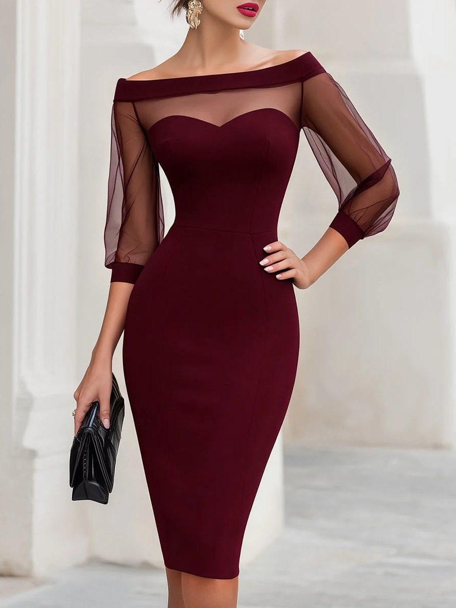 Women's Sweetheart Midi Cocktail Dress, Sheer Sleeves | Fawn in Burgundy
