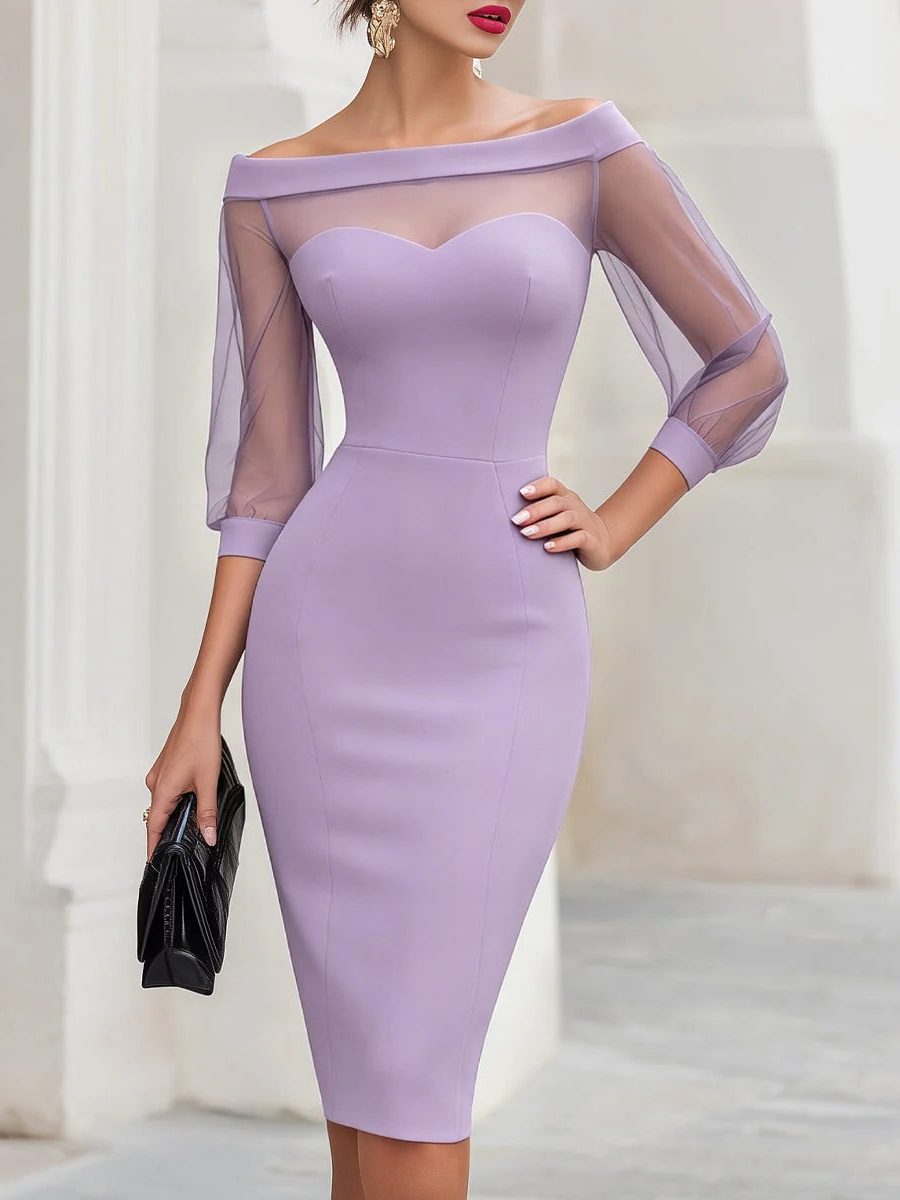 Women's Sweetheart Midi Cocktail Dress, Sheer Sleeves | Fawn in Purple