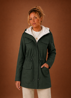 Women's Long Hooded Parka with Fleece Lining | Eleonora in Black - Juana Fashion