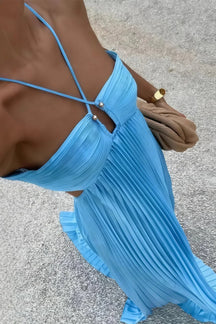 Women's Pleated Halter Maxi Evening Dress with Cutout | Freya in Blue