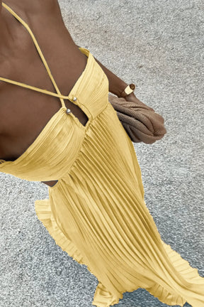 Women's Pleated Halter Maxi Evening Dress with Cutout | Freya in Yellow