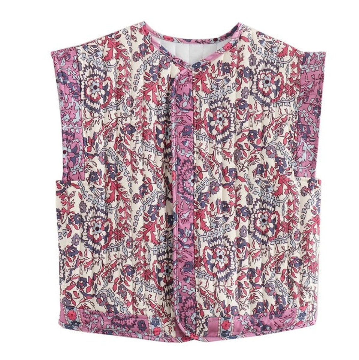 Women's Floral Quilted Vest with Pockets | Frieda in Khaki - Juana Fashion