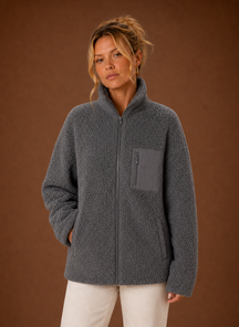 Women's Sherpa Zip-Up Jacket | Natalia in Gray - Juana Fashion