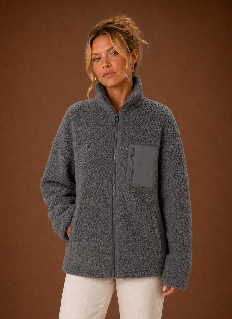 Women's Sherpa Zip-Up Jacket | Natalia in Gray - Juana Fashion