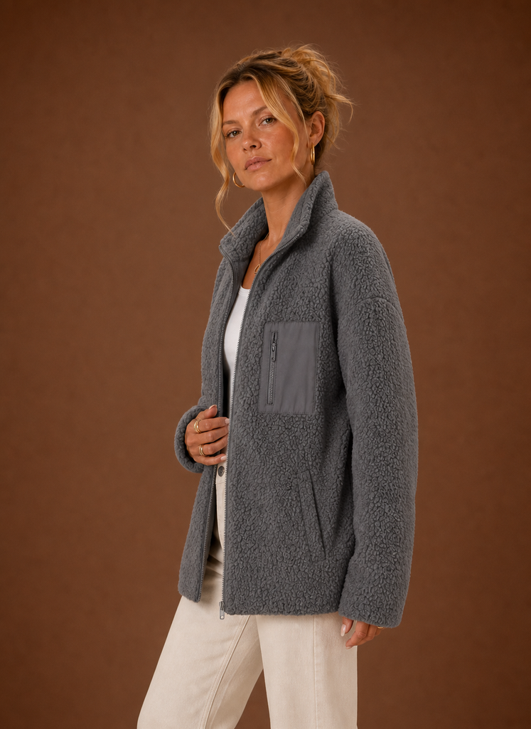 Women's Sherpa Zip-Up Jacket | Natalia in Gray - Juana Fashion