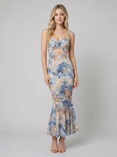 Women's Floral Mermaid Maxi Wedding Guest Dress | Helena in Blue