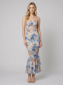 Women's Floral Mermaid Maxi Wedding Guest Dress | Helena in Blue
