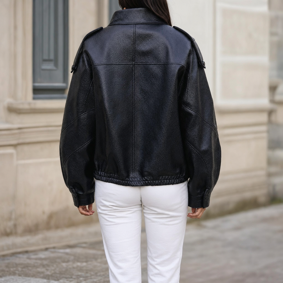 Women's Cropped Faux Leather Bomber Jacket | Kingsley in Black - Juana Fashion