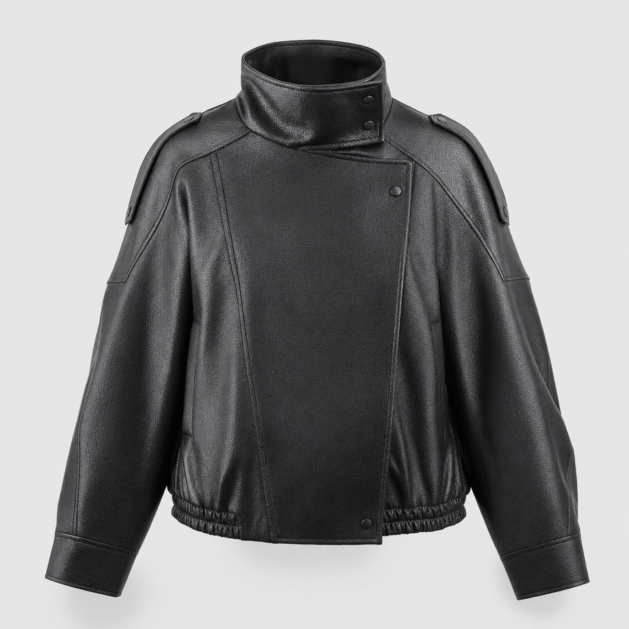 Women's Cropped Faux Leather Bomber Jacket | Kingsley in Black - Juana Fashion