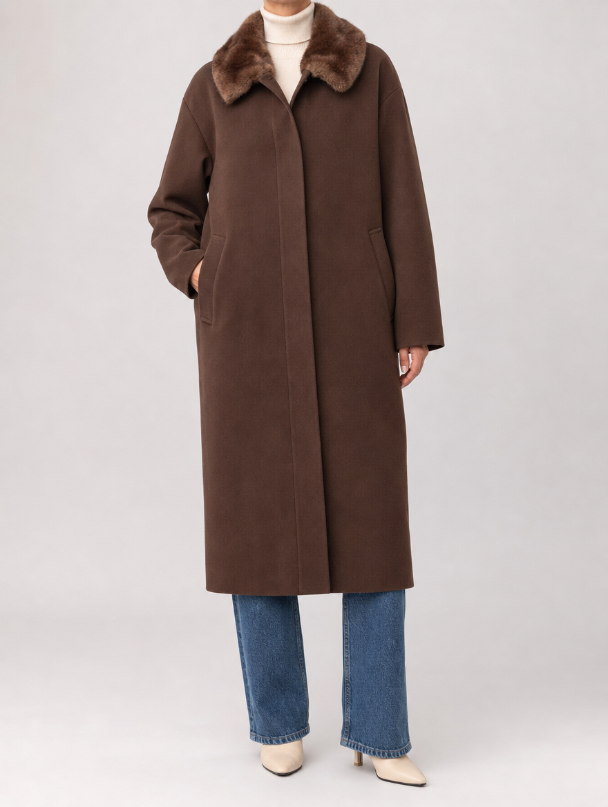 Women's Wool-Blend Coat with Fur Collar | Harlyn in Brown - Juana Fashion