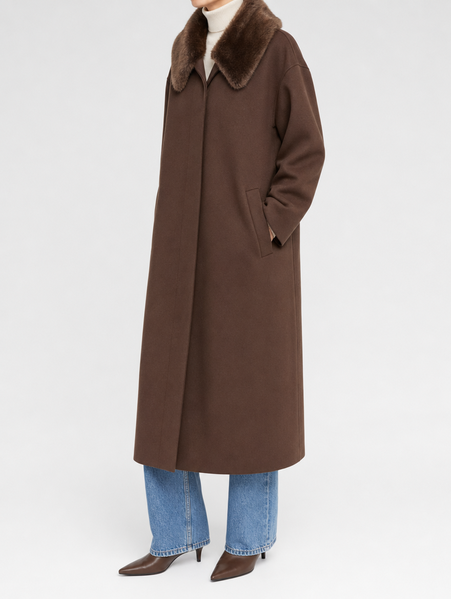 Women's Wool-Blend Coat with Fur Collar | Harlyn in Brown - Juana Fashion