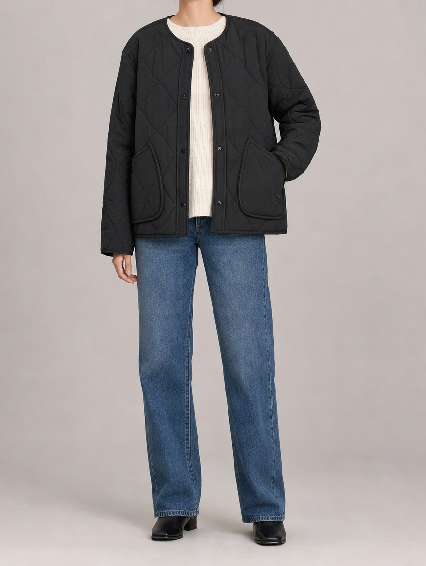 Women's Collarless Quilted Jacket | Marbury in Black - Juana Fashion