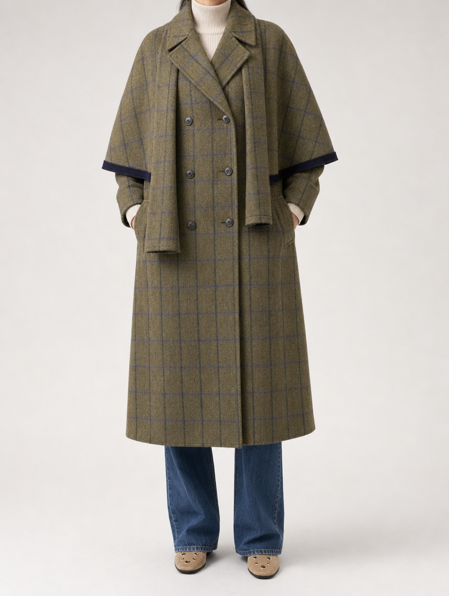 Women's Long Plaid Wool-Blend Coat | Pelham in Olive Plaid - Juana Fashion