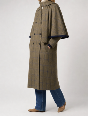 Women's Long Plaid Wool-Blend Coat | Pelham in Olive Plaid - Juana Fashion