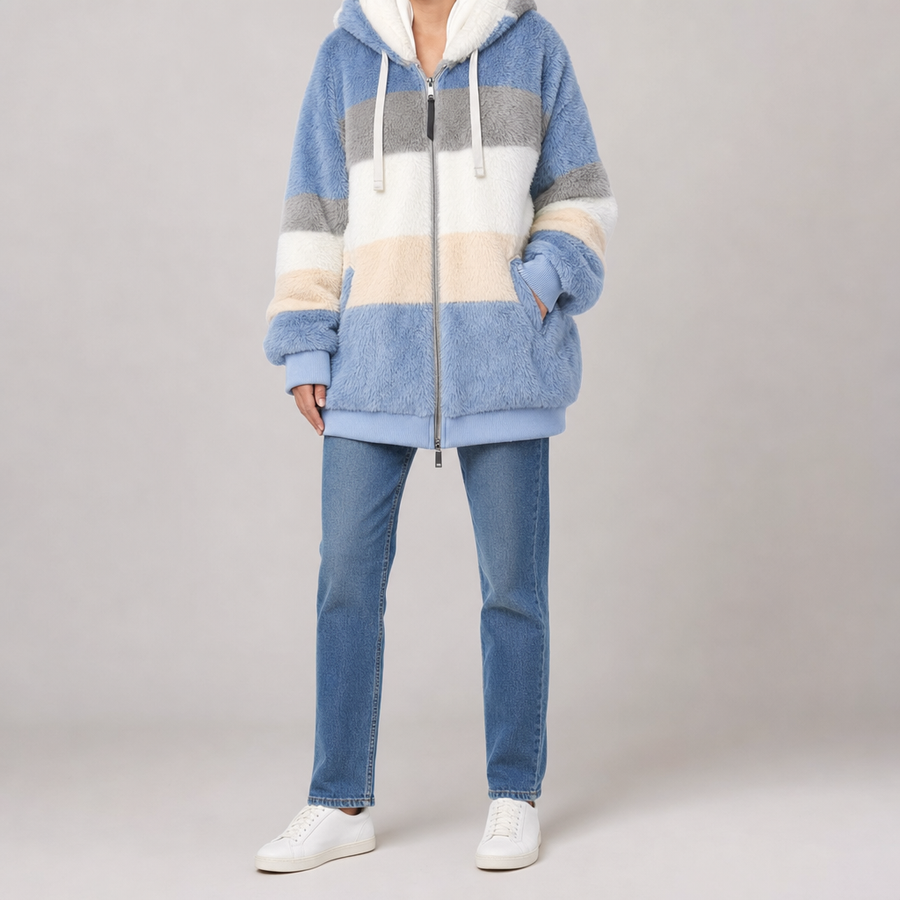 Women's Hooded Plush Jacket | Tarnbrook in Blue Stripe - Juana Fashion