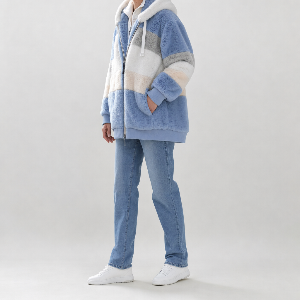 Women's Hooded Plush Jacket | Tarnbrook in Blue Stripe - Juana Fashion