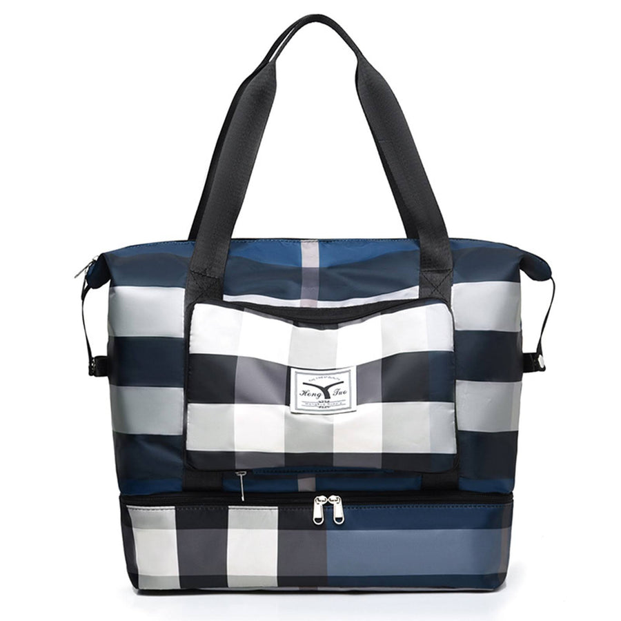 Plaid Travel Tote Bag with Multiple Compartments in Blue by Juana Fashion