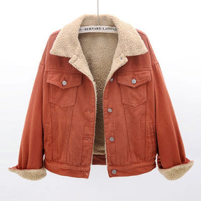 Women's Denim Jacket with Sherpa Lining | Brennan in Red - Juana Fashion