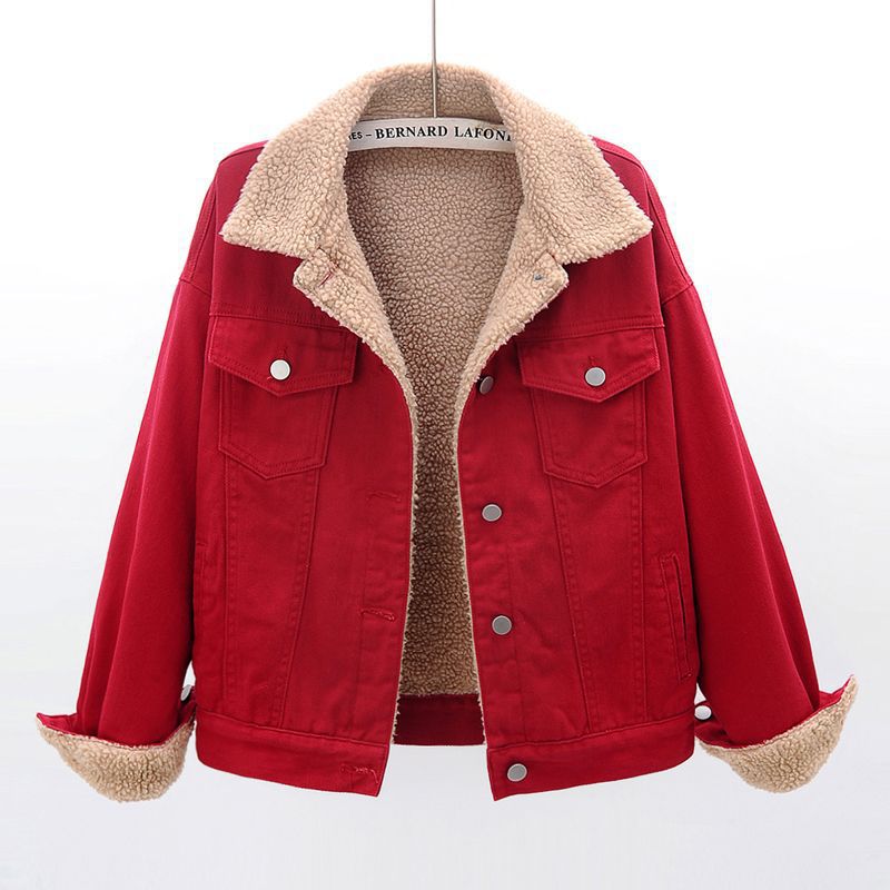 Women's Denim Jacket with Sherpa Lining | Brennan in Red - Juana Fashion
