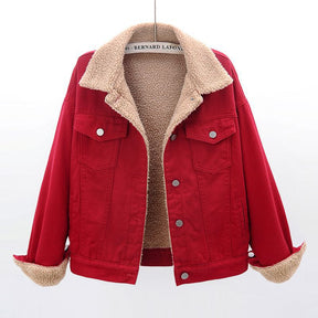 Women's Denim Jacket with Sherpa Lining | Brennan in Red - Juana Fashion