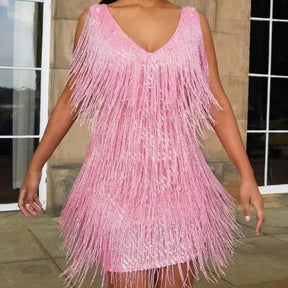 Women's Sequin Fringe Mini Party Dress, V-Neck | Iona in Pink