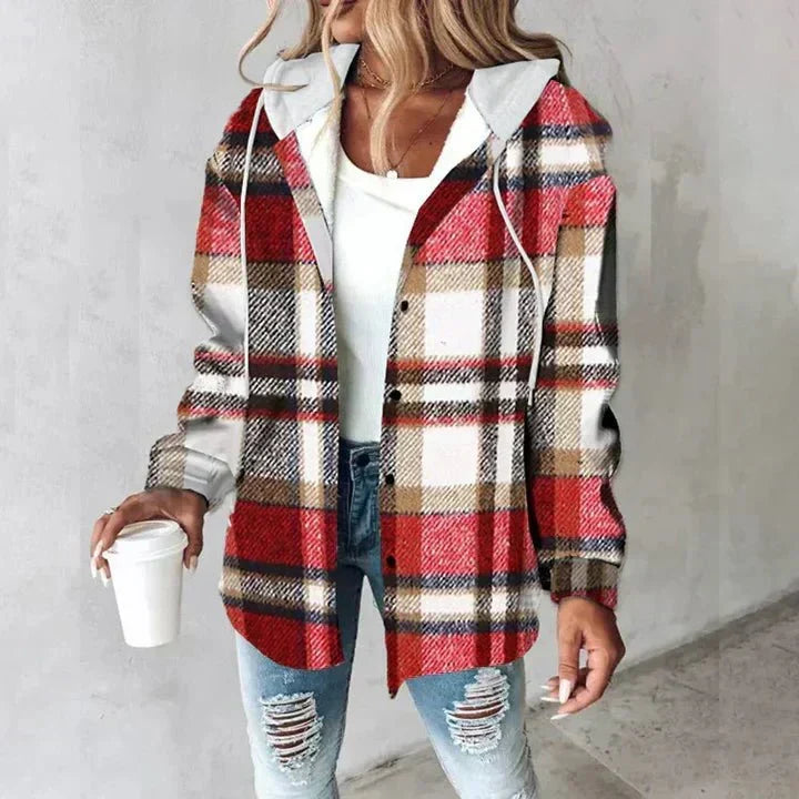 Women's Hooded Plaid Jacket | Annika in Red - Juana Fashion
