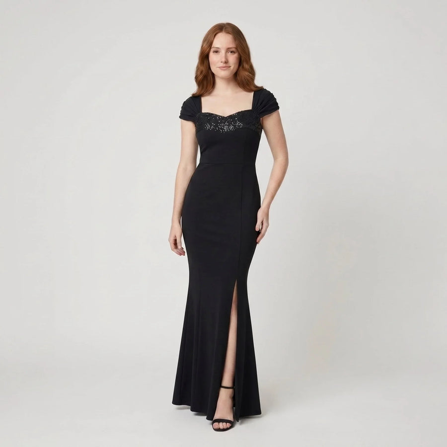 Women's Sequin Mermaid Evening Dress with Slit | Isla in Black