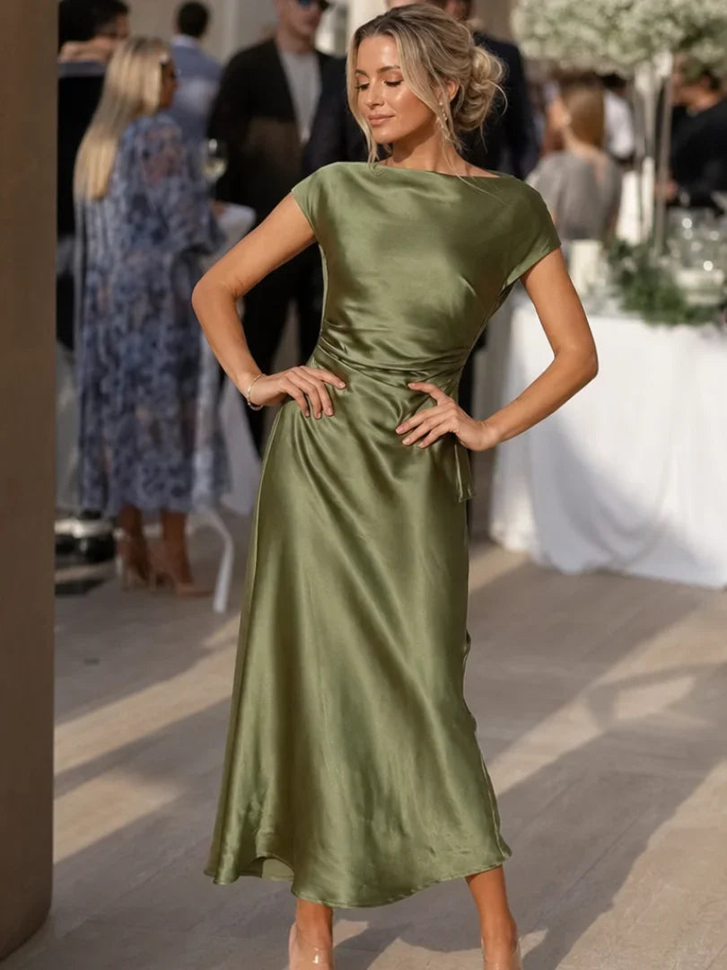 Women's Satin Midi Wedding Guest Dress, Boat Neck | Joyce in Green
