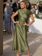 Women's Satin Midi Wedding Guest Dress, Boat Neck | Joyce in Green