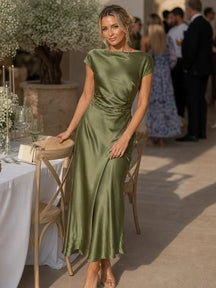 Women's Satin Midi Wedding Guest Dress, Boat Neck | Joyce in Dark green