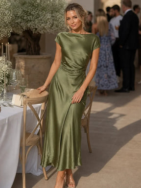 Women's Satin Midi Wedding Guest Dress, Boat Neck | Joyce in Dark green