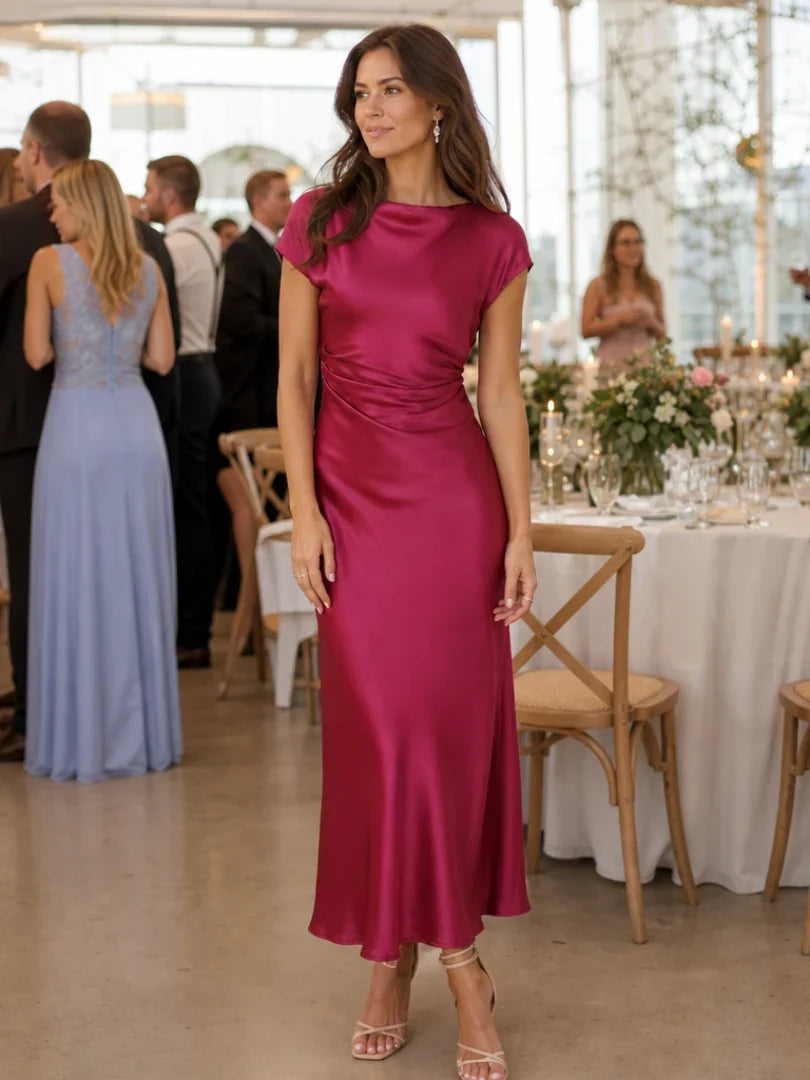 Women's Satin Midi Wedding Guest Dress, Boat Neck | Joyce in Burgundy