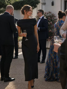 Women's Satin Midi Wedding Guest Dress, Boat Neck | Joyce in Black