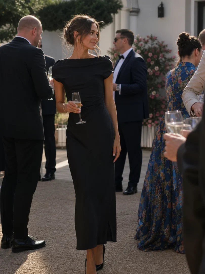 Women's Satin Midi Wedding Guest Dress, Boat Neck | Joyce in Black