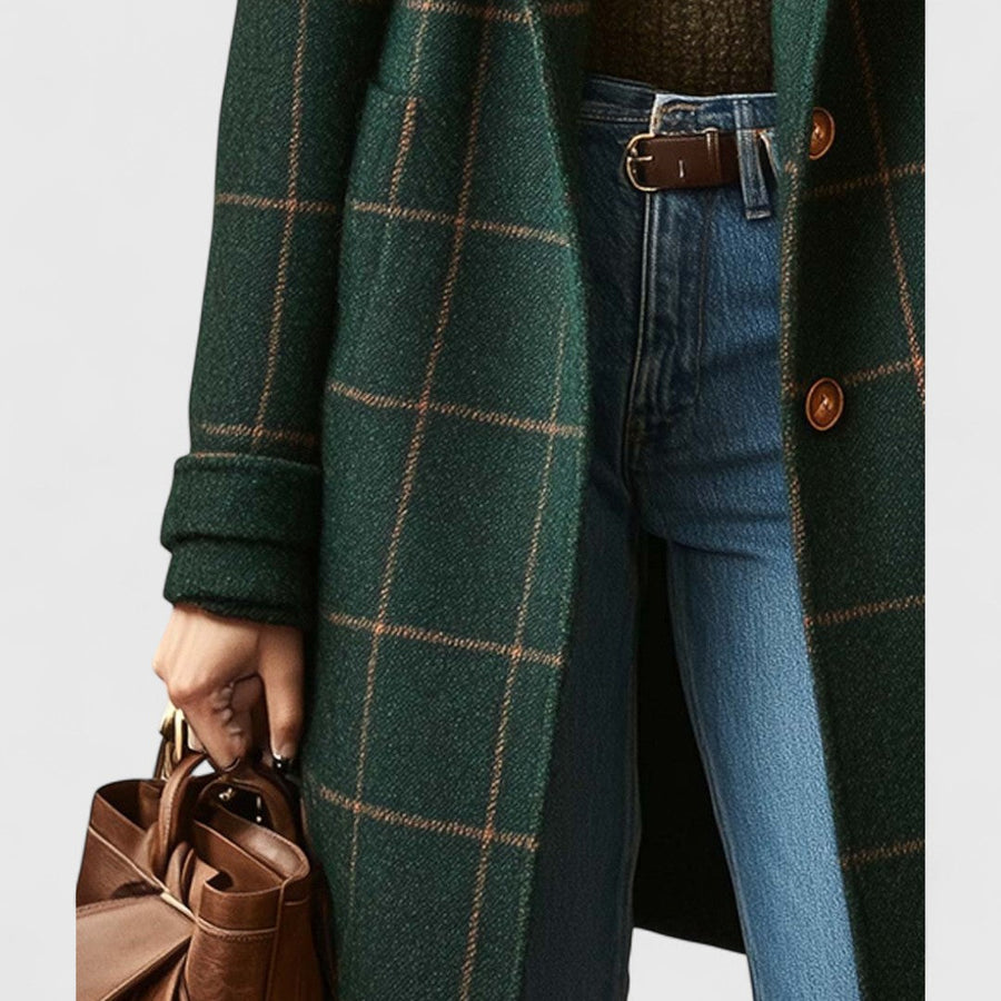 Women's Classic Button-Front Plaid Coat | Natascha in Dark Green - Juana Fashion