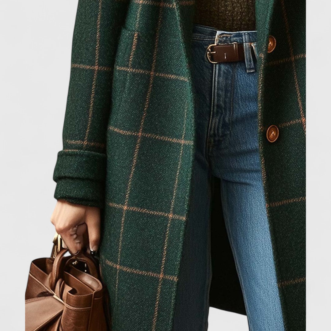 Women's Classic Button-Front Plaid Coat | Natascha in Dark Green - Juana Fashion
