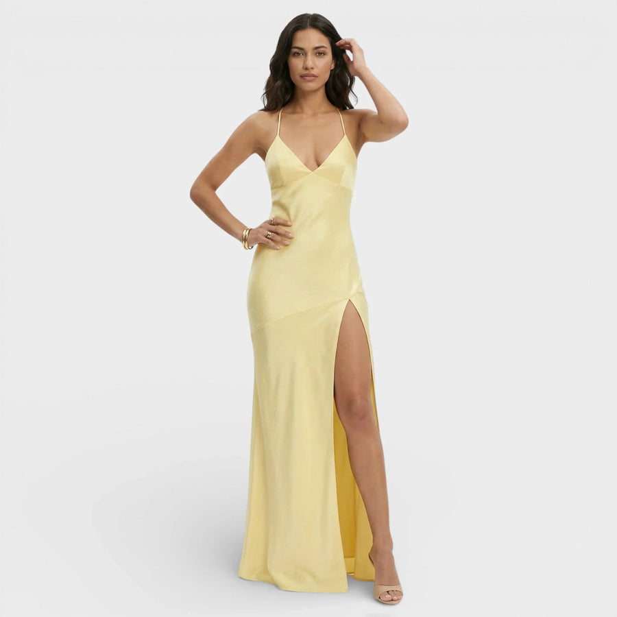 Women's V-Neck Maxi Prom Dress with Slit & Lace-Up Back | Keira in Yellow