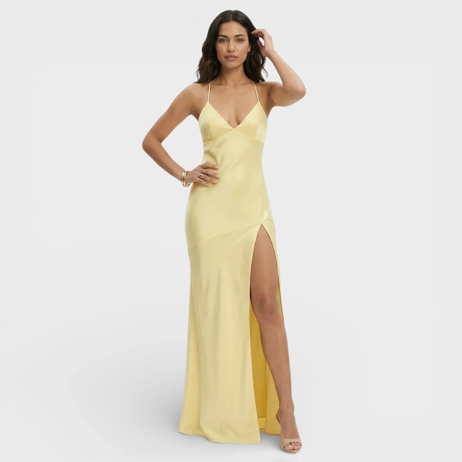 Women's V-Neck Maxi Prom Dress with Slit & Lace-Up Back | Keira in Yellow