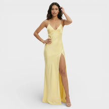 Women's V-Neck Maxi Prom Dress with Slit & Lace-Up Back | Keira in Yellow